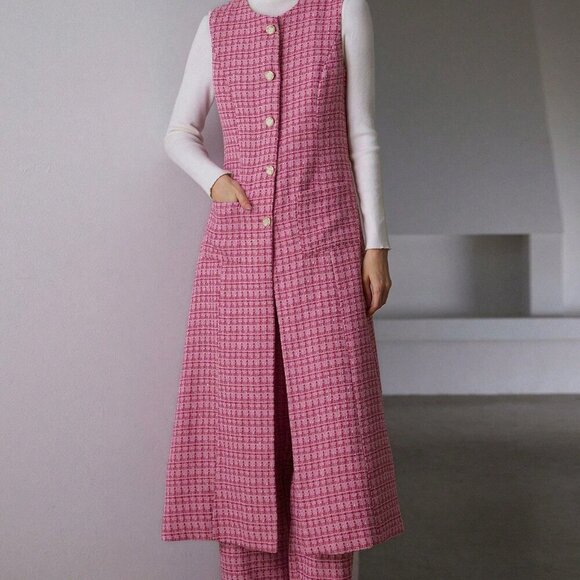 Pink Elegant Women's Tweed Long Sleeveless Cinched Waist Jacket & Pants Set - Picture 6 of 6